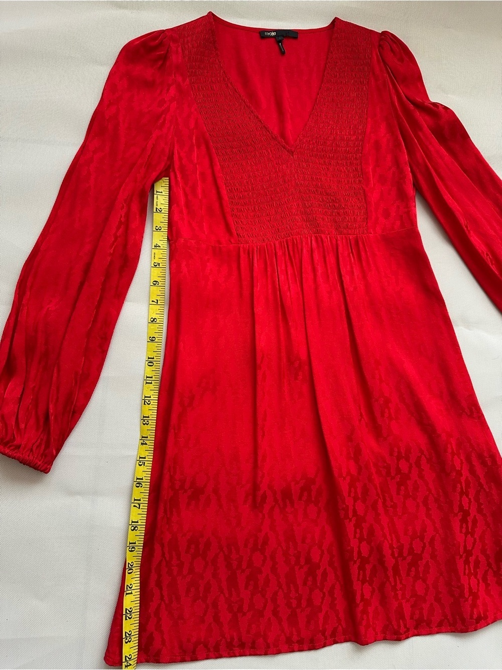 Maje Red Jacquard Smocked Mini Dress Long Sleeve Size 1 - Picture 16 of 16